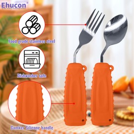 Ehucon Adaptive Utensils Angled Spoon and Fork for Elderly,Hand Tremors Parkinsons,Weighted Silverware with Non-Slip-Easy Grip Handles for Independent Eating (Orange, Left)