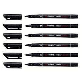 STABILO OHP Permanent Felt-Tip Pens Medium Tip 1 mm Permanent Ink Black Pack of 6