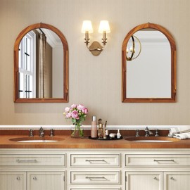 CHARMAID Farmhouse Wall Mirror - 35" x 24" Arched Mirror with Solid Acacia Wood Frame, Rustic Wooden Vanity Mirror for Living Room, Bathroom, Bedroom, Entryway Wall Decor