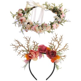 GRAFARMI - Paquete de 2 diademas de cuernos de reno de Navidad, cuernos de ciervo, orejas de flores, corona de flores, accesorios para el cabello para novias, mujeres, niñas, Navidad, bodas, suministros para fiestas
