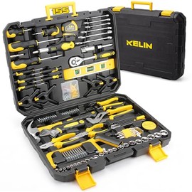 KELIN 155-Piece Household Hand Tool Set with Toolbox, Portable Home Repair Tool Kit for Garage, Car, DIY – Includes Ratcheting Screwdriver, Sockets, Pliers, Hammer, Level, Tape Measure & More