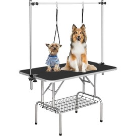 mydearpet Pet Dog Grooming Table, Adjustable Large Heavy Duty Professional Foldable Trimming Stage with Arms, Noose, Mesh Tray, Maximum Capacity Up to 330LBS, 42''/Black