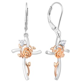 YL Rose Cross Earrings 925 Sterling Silver Flower Dangle Drop Earrings Religious Cubic Zirconia Leverback Jewelry Christian Baptism Gift