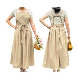 Vanoker Cute Retro Cotton Linen Pleated Aprons Home Kitchen Garden Art Painting Pinafore Florist Shop Overalls (Khaki, One size)