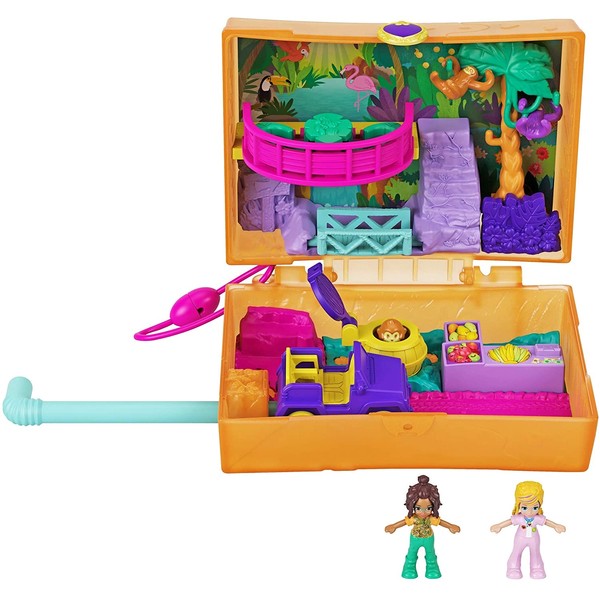 Polly Pocket Jungle Safari Compact with Fun Reveals, Micro Polly and Shani Dolls, 2 Sloth Figures & Sticker Sheet; for Ages 4 Years Old & Up