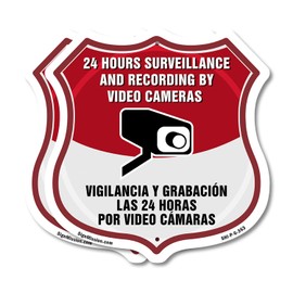 Bilingual 24 Hour Surveillance 24 Hour Surveillance And Recording By Video Cameras Vigilancia Y Grabacion (English/Spanish) (2 Pack) 6 inch X 6 inch Shield Shaped Commercial Grade Plastic Signs