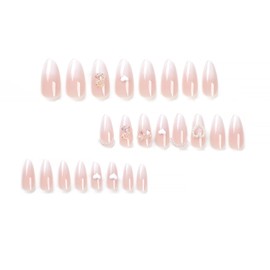 Press on Nails Medium French Gradient False Nails Almond Fake Nails Artificial Acrylic Nails Pearl Love Heart Bear Design Nude Stick on Nails Full Cover Reusable Coffin Nails Glue on Nails for Women