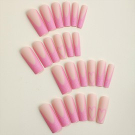 SINHOT French Tip Long Pink Glitter Acrylic False Cute Heart Artificial Nails 24 pcs