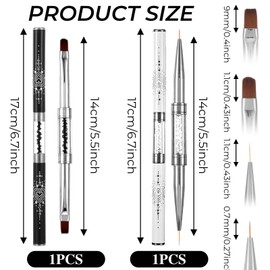 Larrel Pack of 2 Double Sided Brushes for Gel Nails, 2 in 1 Nail Art Brush with Rhinestone Handle Nail Brush Gel Brush Nail Design Brush French Fineliner Nail Gel Liner Brush Nail DIY Tools