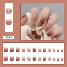 Glue on Nails Coffin Shape, Press on Finger Nails with Designs, 24Pcs Full Cover Reusable False Nails Kits, Stick on Nails Short Square, Artificial Fingernails Acrylic Fake Nails for Women（R578）
