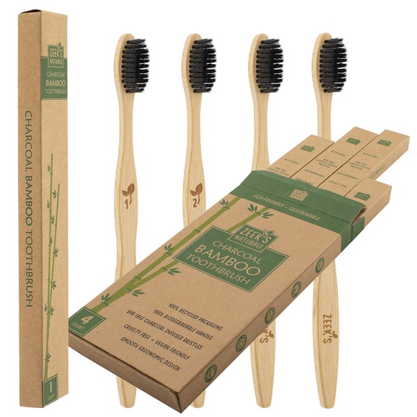 Biodegradable Eco-Friendly Natural Bamboo Charcoal Toothbrushes - Pack of 4 - Numbered - Charcoal Infused Bristles