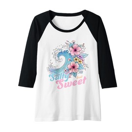 Womens Salty but Sweet Wave Hibiscus Floral Tropical Surf Aesthetic Raglan Baseball Tee