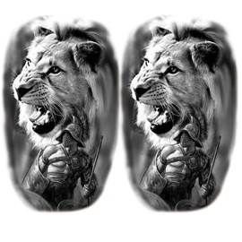 Oottati 2 Sheets Realistic Animal Large Temporary Tattoos Stickers Sketch Lifelike Lion Solider Designs For Men Waterproof Arm Leg Fake Body Art, Gym & Parties Bold Masculine Decals