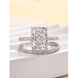Effinny 4.0ct Radiant Cut Engagement Ring Set,Rectangle Crushed Ice D Color 925 Sterling Silver Bridal Ring Set with Half Eternity Wedding Band, Sterling Silver, Cubic Zirconia