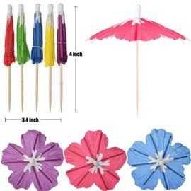 Haundry Cocktail Umbrella Picks, 25-Pack Drink Umbrella Toothpicks, Colorful Paper Cupcake Toppers for Luau Party Sandwich Fruit, Wooden Hibiscus Picks for Tropical Hawaiian Tiki Party Decoration