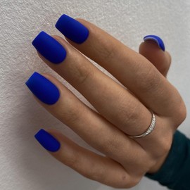 KQueenest Matte Dark Blue Press on Nails Short Medium Square, Neutral Glue on Nails Set, Solid Color Fake Nails Short, Acrylic Nails Press on, False Nails for Women Fall Winter Manicure in 24 Pcs