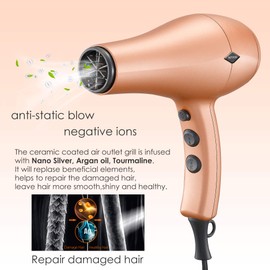 NITION Negative Ions Ceramic Hair Dryer with Diffuser (Large Size 5.3 inch) Attachment,Ionic Blow Dryer Quick Drying,1875 Watt 2 Speed / 3 Heat Settings,Cool Shot Button,Lightweight,Rose Pink