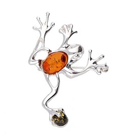 Frog/Toad Silver Brooch Pin/Clip in Orange Amber for Women - 925 Sterling Silver