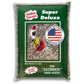 Valley Farms Super Deluxe Wild Bird Food (15 LB) for Outside feeders - 0% fillers - Loads of Sunflower Seed - w/Peanut kernels -Feed More Birds w/Less Seed