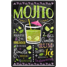 WOGEKA ART Retro Tin Sign - Mojito Rum Cocktail Recipe - Funny Saying as a Gift Idea for Birthday Christmas Decoration 20 x 30 cm Vintage Design Metal 116