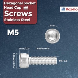 Kozelo 30pcs Socket Head Cap Screws - [M5-0.8 x 16mm] 304 Stainless Steel Allen Socket Drive for Electrical Motor 3D Printing Fan Engine Replacement Use, Silver