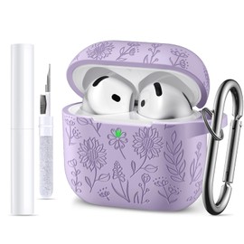 GEAK Funda para Airpods 4 - Fundas Protectora de Silicona con Flores Grabadas, Incluye Kit de Limpieza y Llavero Compatible con Airpods 4 Case 2024 para Mujer, Lavanda