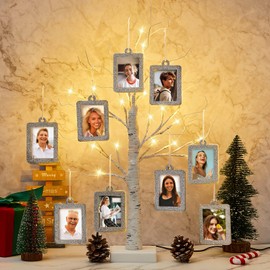 Leinuosen Lighted Family Tree Picture Frame Stand with 10 Hanging Photo Picture Frames Lighted Birch Family Tree 23.6'' Holds 10 Ornamental 2 x 3'' Frames for Christmas Table Decor