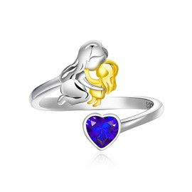 Shysnow September Sapphire Birthstone Mother Daughter Ring 925 Sterling Silver Mother’s Mom Heart Birth Stone Adjustable Rings Birthday Mother's Day Jewelry for Moms Grandmother Grandma Wife
