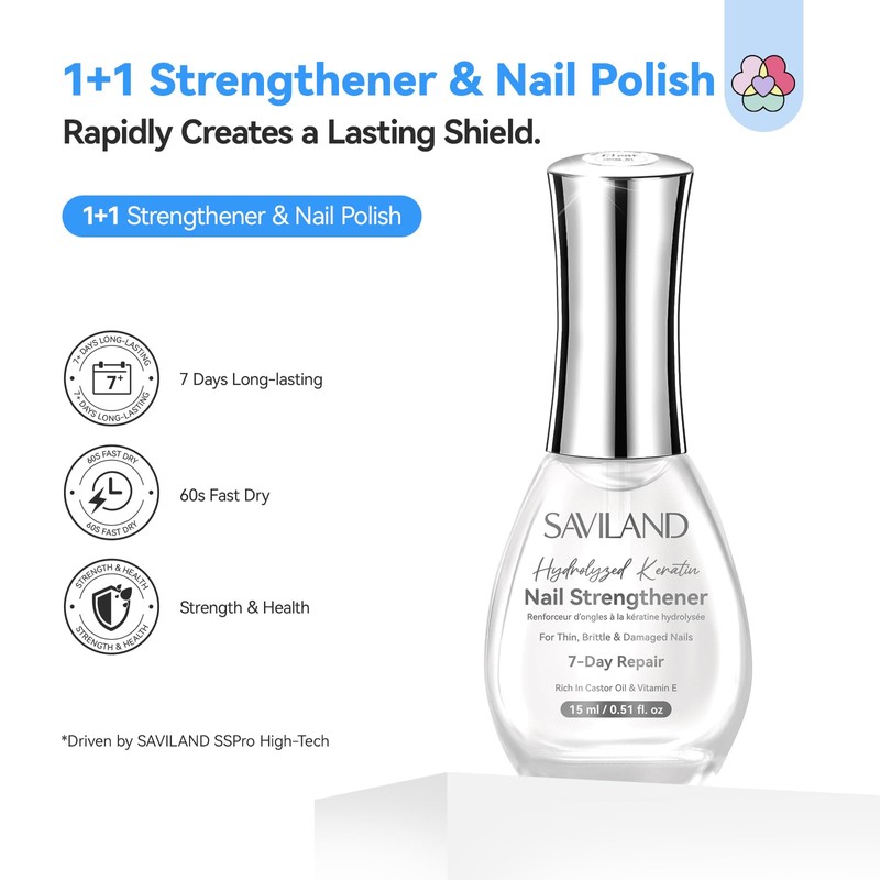 SAVILANDプロ ネイル ストレングスナー 7日間リペア：ジェルネイル 爪強化 ケラチン キャスターオイル VE クリアネイルポリッシュ ダメージを受けた爪、もろい爪、薄い爪の成長のためのネイルストレングスナー