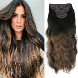 Cybelleza Clip-In Extensions Synthetic Hair Wavy 4 Pieces 55 cm 180 g Hair Extension Clips Hair Thickening Synthetic Thick Hair Extension Wavy Long Clip in Hairpiece for Women Brown Ombre Caramel