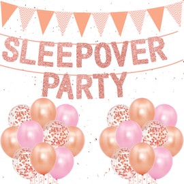 Sleepover Party Supplies for Girls - Rose Gold Sleepover Banner Bunting Flags Garlands Decoration, 12 Inch Confetti Balloons and Latex Balloons Set for Girls Night Spa Pamper Party Slumber Party