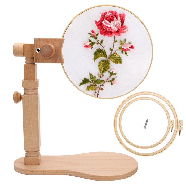 Catcan Embroidery Hoop Stand with 2 PCS 7'' 5'' Embroidery Hoops, Adjustable Rotated Wooden Cross Stitch Hoop Stand, Hands Free Embroidery Hoop Holder for Arts Crafts Sewing Embroidery Project
