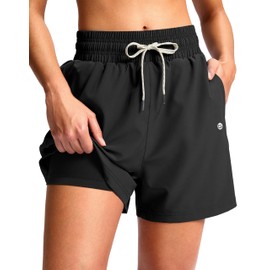 G Gradual Women's Swim Shorts 4" Quick Dry Board Shorts with Boxer Liner Deep Pockets Trunks for Water Fun, Beach, Surf, Pool, Black, Large