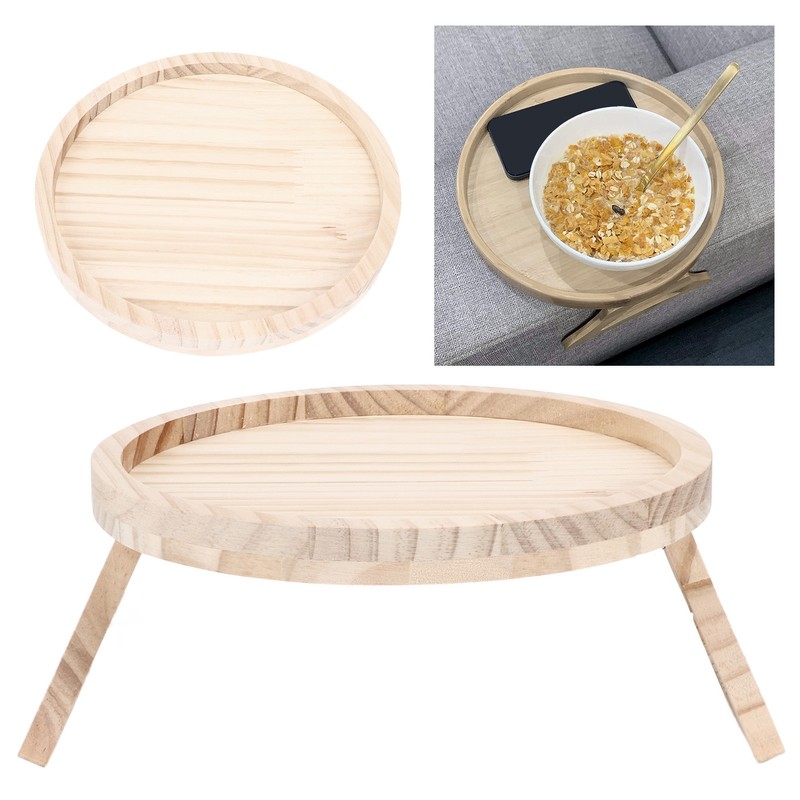 Clip On Tray Natural Bamboo 9.8in Round Home Couch Sofa