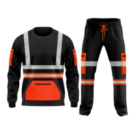 mymixtrendz Hi Vis Kids Boys Girls Unisex Workwear Reflective Tape Fleece Tracksuit Set Open Hem Trouser Drawstring Pockets Long Sleeves Sweatshirt Top & Bottom Set