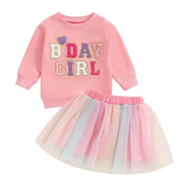 Kayotuas Toddler Baby Girl Birthday Outfit Embroidery Birthday Girl Sweatshirt Tutu Skirt Set Little Girls Princess Dresses (Pink, 4-5T)