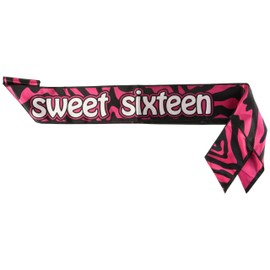 Beistle Sweet Sixteen Zebra Satin Party Sash, 33" x 4", Cerise/Black/White