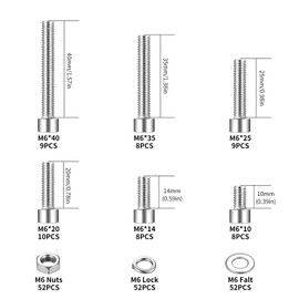 208 Pcs M6 Bolts and Nuts Set, Stainless Steel Nuts and Bolts Assortment, Hex Socket Head Cap Screws Set, Hexagon Machine Screws and Washers Kit for DIY Bicycle Motorcycle Repair (208, M6)
