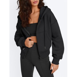 Trendy Queen Womens Zip Up Cropped Hoodies Long Sleeve Sweatshirts Casual Jackets Fall Fashion 2024 Winter Clothes Black L
