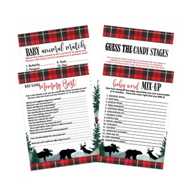Lumberjack Baby Shower Game Cards, Word Scramble, Who Knows Mommy Best, Guess The Price, Candy Bar, Animal Matching, Double Sided, 25 Each