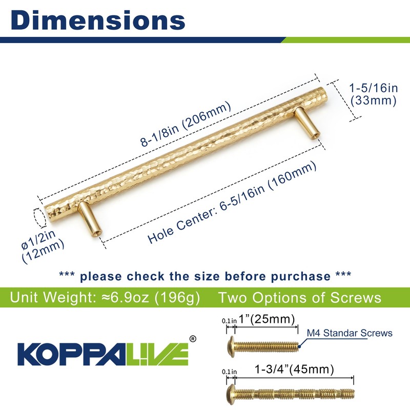 KOPPALIVE 6-Pack Solid Brass Kitchen Cabinet Pulls, Gold Modern T-Bar