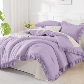 Andency Lavender Twin Size Comforter(66x90Inch), 2 Pieces Ruffle Solid Farmhouse Shabby Chic Comforter with 1 Pillowcase, Lighteweight and Soft Microfiber Bedding Set