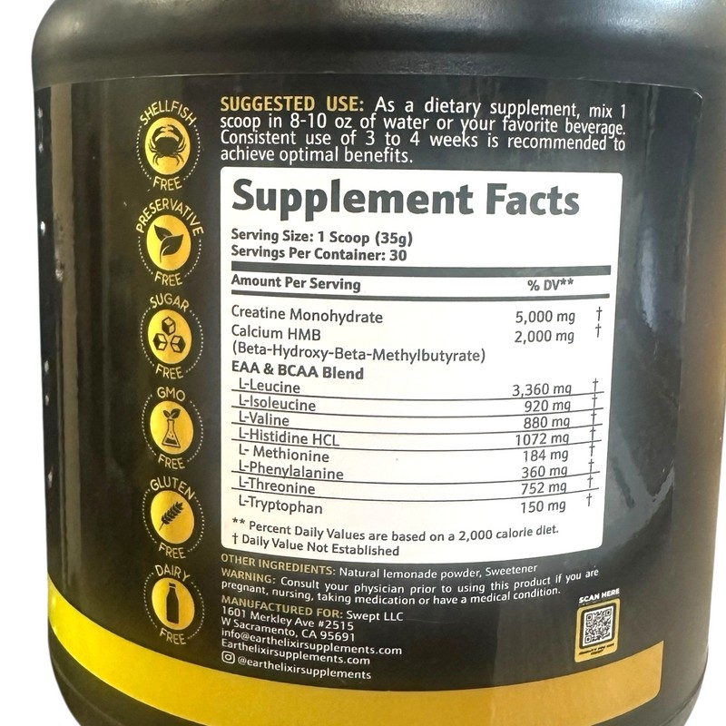 Earth Elixir Creatine HMB Supplement w/Essential Amino Acids Powder |