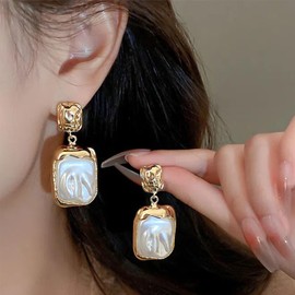 Pearl Earrings for Women Baroque Pearl Dangle Drop Earrings Gold and Pearl Earrings for Women Pearl Statement Earrings Wedding Bridesmaid Jewelry (Gold B)