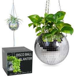 SCANDINORDICA Disco Ball Planter – Value Package: Disco Planter with Chain, Macrame Hanger and Acrylic Stand, Includes Self Watering Insert, Preppy Room Decor, Funky Decor | 8 inch Silver
