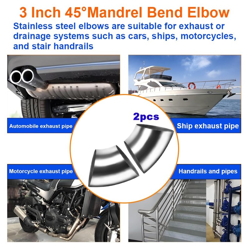 AIMCOCO 3Inch 45 Degree Stainless Steel Exhaust Elbow Pipe-16GA/. 065"
