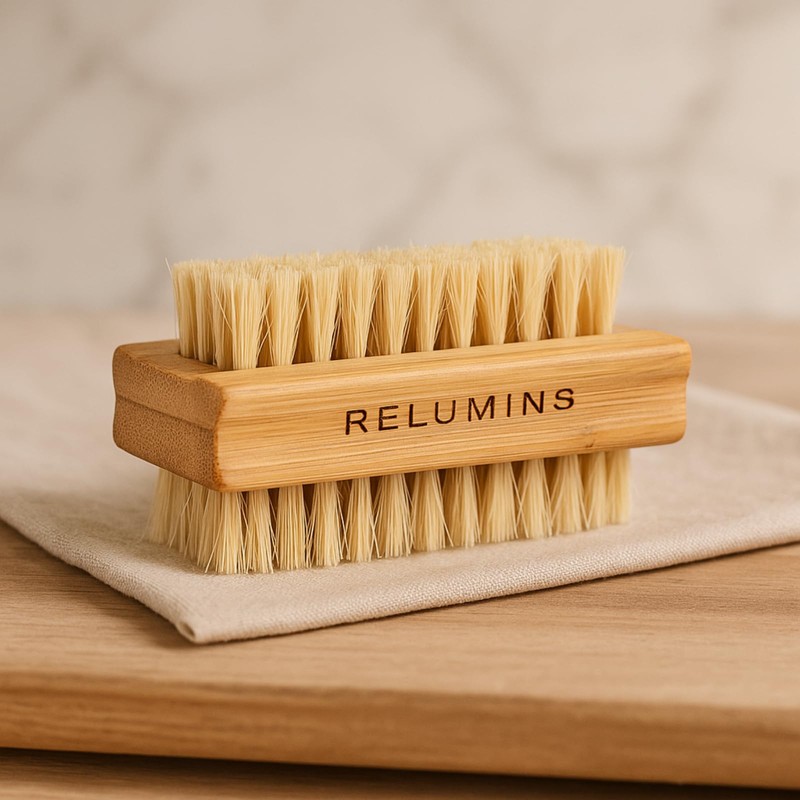 Relumins Dual Sided Nail Brush Bamboo Handle Bristle Exfoliating Tool