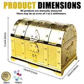 GBKDQQ Treasure Chest Children's Birthday Treasure Chest Gold Coins Pirate Treasure Set, Box Lockable with Lid and Lock, Children's Birthday Treasure Chest with 20 Pirate Gold Coins and 100 Gemstones