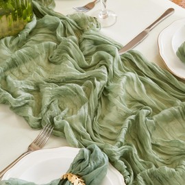 Fantastshop Sage Green Table Runner Cheesecloth 1 Pack 10FT Boho Gauze Table Runner 35x120 Inch Rustic Cheese Cloth for Wedding Valentines Party Romantic Table Decoration.