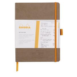 RHODIA 117784C - Taupe Meeting Soft Notebook - A5+ - Pre-Printed Date/Notes/Action - 160 Detachable Pages - 90G Clairefontaine Paper - Bookmark, Pencil Holder - Faux Leather Cover - Rhodiarama